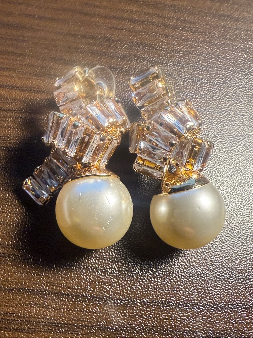 Gold-Tone Pearl Drop Earrings with Clear Crystal Accents